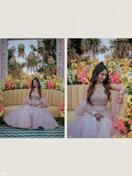 A diptych of the bride posing on the yellow sofa at her Haldi carnival.