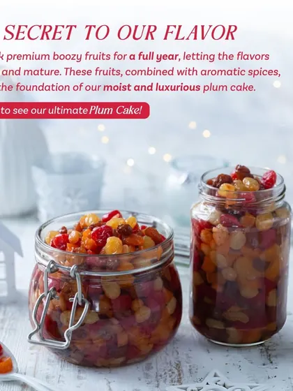 The secret to my flavour is time. I soak premium boozy fruits for a full year, allowing the flavours to deepen and mature before they become the foundation of my moist and luxurious plum cake.