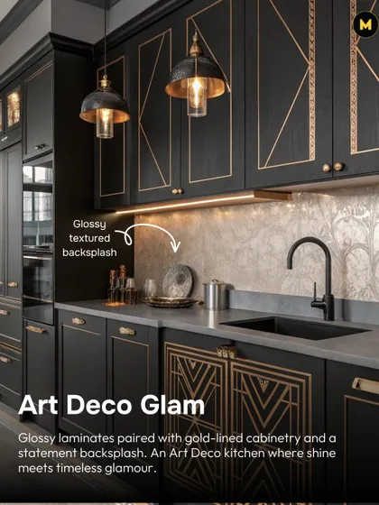 This kitchen showcases Art Deco glam. Glossy laminates are paired with gold-lined cabinetry and a statement textured backsplash, creating a timeless look where shine meets sophistication.