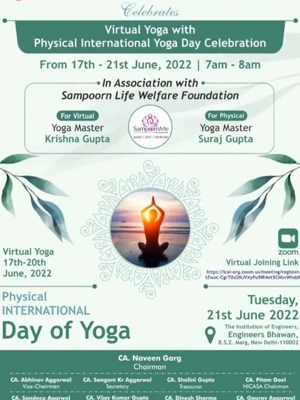 A poster from an International Day of Yoga celebration where I was invited as the Yoga Master for the physical session. I conduct sessions for both virtual and in-person events.