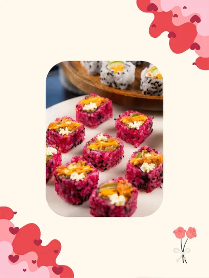My pink rice sushi, beautifully plated for a romantic Valentine's celebration.