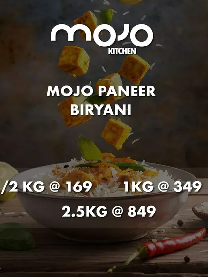 This shows the portions and pricing for my Mojo Paneer Biryani. It's an affordable and delicious option for individuals and families.