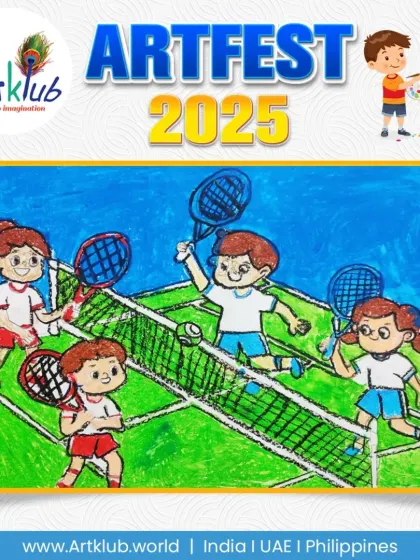 An energetic doubles tennis match drawn with colourful crayons by a student in our Junior category. The action-packed scene shows four players in the middle of a lively rally.