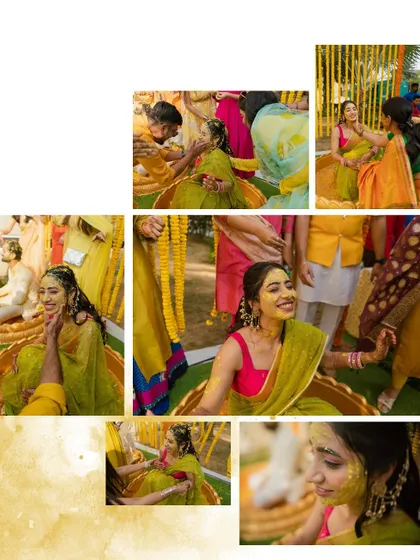 A collage capturing the bride's Haldi ceremony, filled with smiles, laughter, and the vibrant yellow of the turmeric paste.