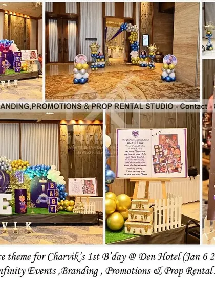 This Royal Prince first birthday at the Den Hotel was a truly grand affair. The expansive setup includes a massive balloon arch over a sequin backdrop, a large "ONE" table, custom cylinder props, and a detailed milestone board, creating a luxurious and immersive experience.