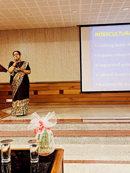 Presenting on intercultural sensitivity at Christ University. My lectures focus on the need for sustainability and understanding the cultural density of our folk traditions.
