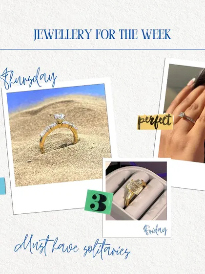 A collage showing my solitaire rings in different settings, from a sandy beach to a jewellery box. It is a testament to how these timeless pieces fit into every part of your life.