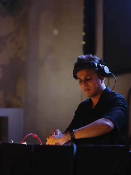 "In the zone or trying to get there." A moment of deep concentration during a set.
