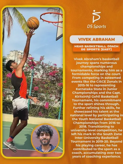 A profile of Head Basketball Coach Vivek Abraham, outlining his impressive journey through numerous championships and tournaments.
