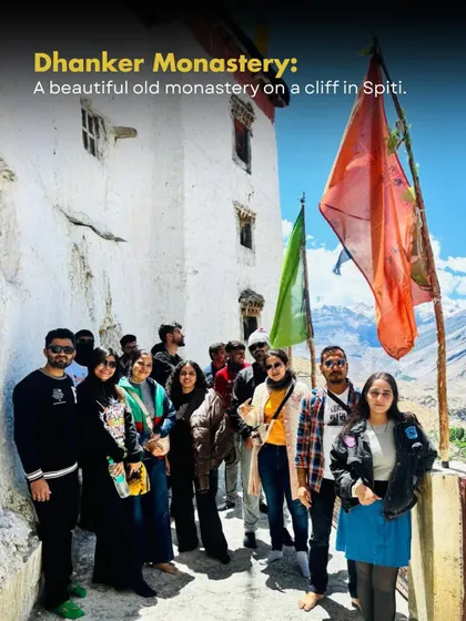 A group photo at the ancient Dhankar Monastery, perched dramatically on a cliff. Exploring these historic sites is a huge part of understanding the soul of Spiti.