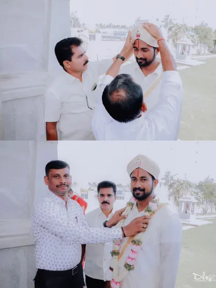 A collage of photos capturing the groom's preparations and rituals during a traditional Kashi Yatra ceremony.