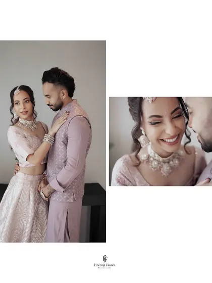A diptych of the couple sharing a candid, happy moment during their engagement shoot, showcasing their natural chemistry.