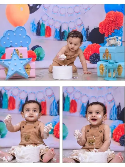 A three-photo sequence capturing the evolving reactions during a cake smash. You can see the progression from curiosity to surprise to pure happiness.