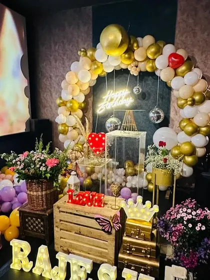 A full view of the sophisticated party corner, including personalized marquee letters.