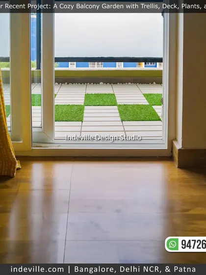 The view from the bedroom into the newly designed balcony. The inviting green space just outside the door encourages the residents to step out and enjoy their private garden.