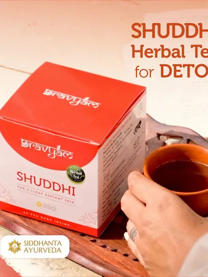 A closer look at our Shuddhi Herbal Tea for detox. This blend is designed to nourish your skin from the inside out, using the natural power of Ayurvedic herbs to give you a healthy, radiant glow.