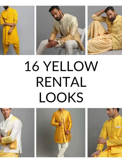 A collage of our 16 yellow rental looks, many of which are now available to own in our pre-loved collection. So much variety to choose from.