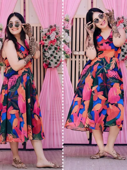 A stylish diptych of a guest at a Mehendi, showing off her colorful dress and cool sunglasses.
