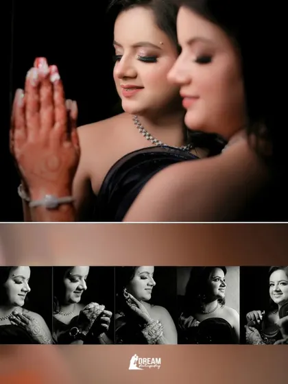 A collage of bride Samridhi's portraits, blending a mirror reflection with other beautiful shots.