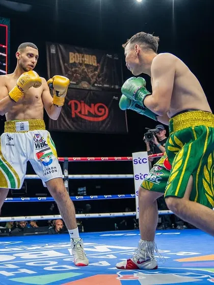 An action shot from the WBC Grand Prix in Riyadh, where our fighter competed against international talent.