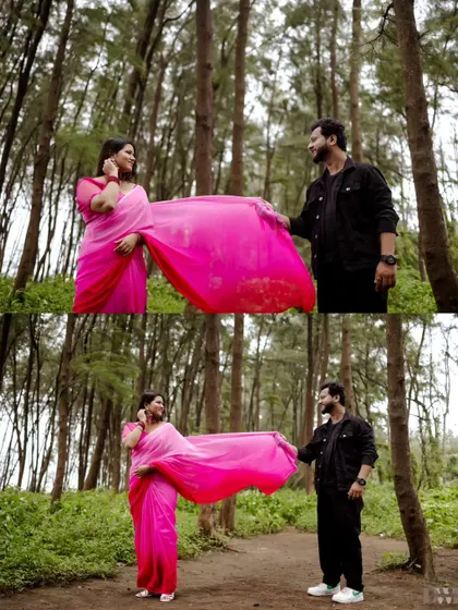 A classic, filmy pose with the saree's pallu flowing in the breeze. This shot combines the beauty of the outdoors with a touch of Bollywood-style romance.