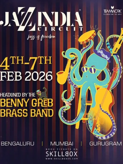 The poster for the Jazz India Circuit, headlined by the Benny Greb Brass Band, with a funky octopus mascot.