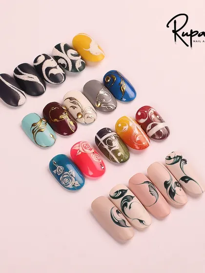A collection of my complex swirl nail art, featuring a variety of techniques including foils and gradients.