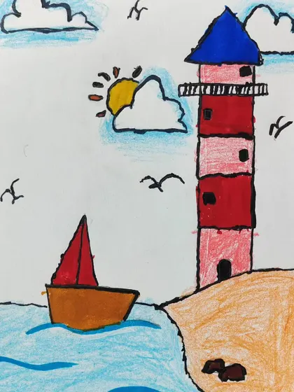 A closer look at the lighthouse drawing, filled with bright colors and charming details like little birds.