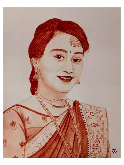 A blood portrait of a woman in traditional attire, with fine details on her jewelry and sari.