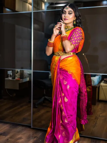 A final shot of the half-saree look, showing the complete ensemble and how the makeup ties it all together.