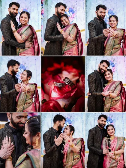 A large collage capturing the full story of an engagement, from couple portraits to the detailed ring shot.