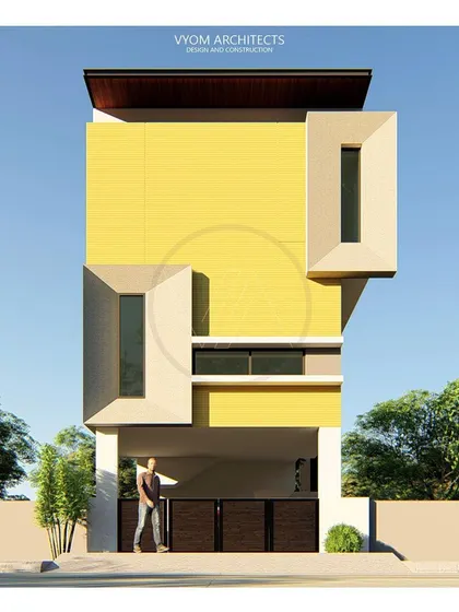 An alternate facade concept for the same 20x30 plot, showcasing a bold yellow finish. This demonstrates how color and form can be used to give a small home a distinct and vibrant personality.