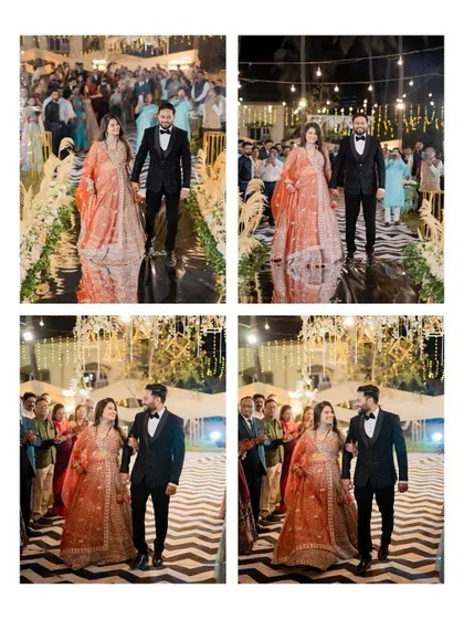 A four-photo collage capturing the couple's grand entrance at their reception from various angles, showing the decor and guests' reactions.