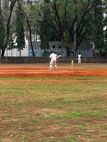 Action from the Triumph Little Champs Tournament, with the batsman ready to face the bowler. These matches are a vital part of our youth cricket development program.