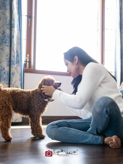 A woman sharing a gentle moment with her Poodle in a beautifully backlit room. Indoor sessions can be just as stunning as outdoor ones.
