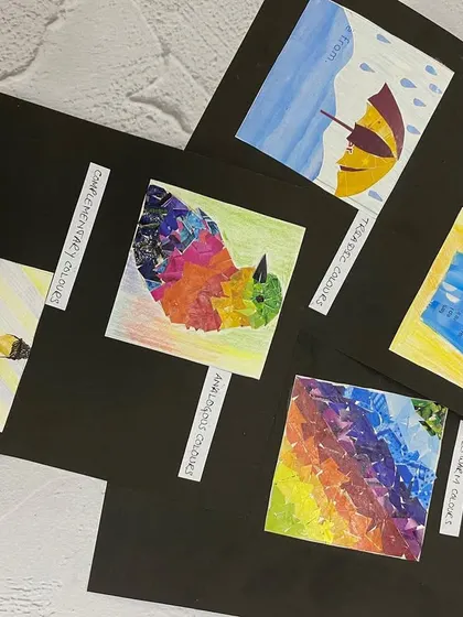 A student's color theory project, exploring different color schemes like monochromatic and analogous.