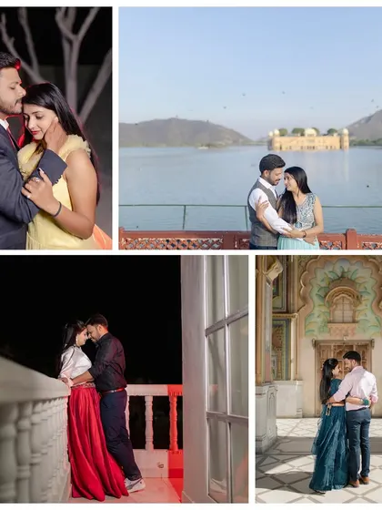 This collage shows the variety available in a single pre-wedding shoot, from night shots on a balcony to daytime portraits at Jal Mahal and inside a palace.