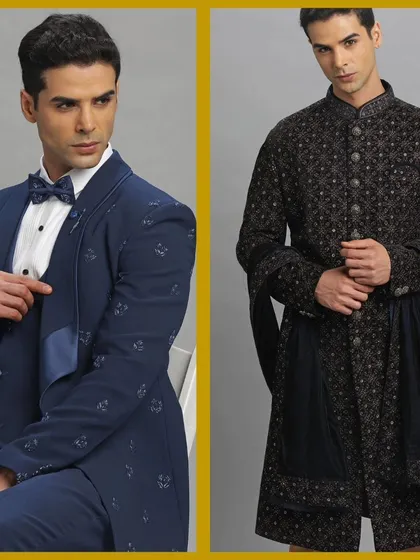 A blue floral jacquard suit and a blue and gold bandhgala. Our collection is full of unique, eye-catching pieces.