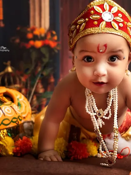 An adorable close-up of a baby boy dressed as Krishna. His curious expression and traditional attire make for an unforgettable photo.