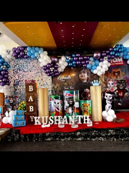We also create themes based on other popular shows, like this "Tom and Friends" setup for Kushanth's second birthday.