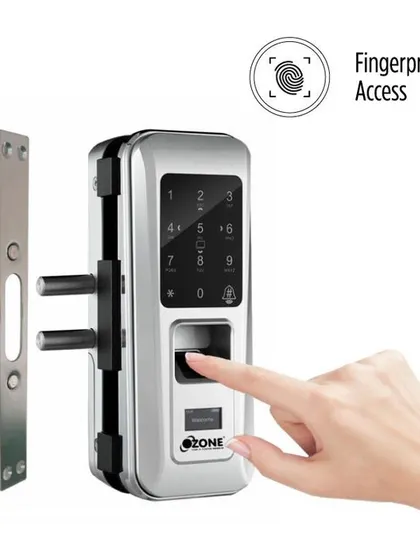 Demonstrating the fingerprint access on the OZ-FGL-LIFE-G2W glass door lock. The 360-degree fingerprint recognition ensures quick and reliable entry every time.