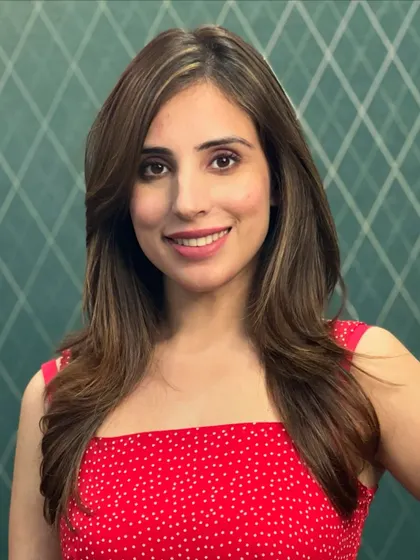 Another shot of Simaran Kaur's fresh look, showing off her happy smile and beautifully styled hair.