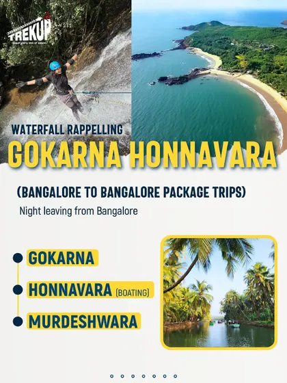 Our Gokarna and Honnavara package is a multi-adventure trip. This graphic highlights the key activities: waterfall rappelling, beach exploration, and backwater boating.