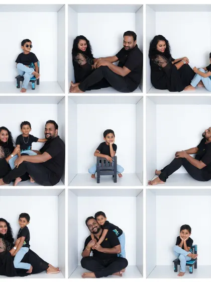 A creative family box portrait session! Each family member has their own box to show their personality, creating a fun and modern family photo.