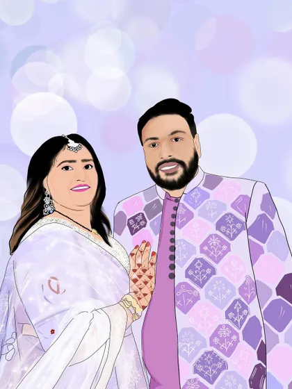 This digital portrait captures the couple in their beautiful traditional Indian attire. I pay close attention to the details of the outfits, henna, and jewelry to create an illustration that truly reflects the elegance of the occasion.