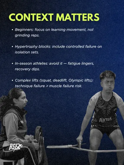 Training to failure isn't always the smartest strategy. This infographic explains that context matters. We outline when to push to failure (e.g., isolation sets) and when to avoid it (e.g., in-season, complex lifts) to prioritize technique and recovery.