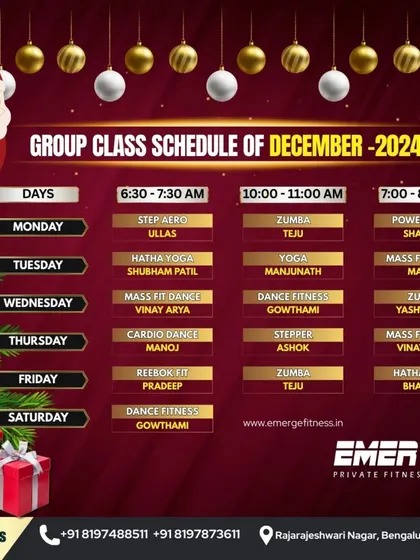 Here is the group class schedule for December 2024. Find your fit with Step Aero, Hatha Yoga, Zumba, and Mass Fit Dance.