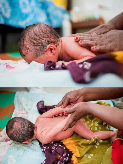 A collage capturing the gentle moments of a newborn's first massage. We focus on the careful, loving hands that welcome the baby into the world.