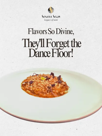 "Flavors So Divine, They'll Forget the Dance Floor!" This playful graphic highlights a beautifully plated grain dish, emphasizing our confidence in creating truly irresistible food.