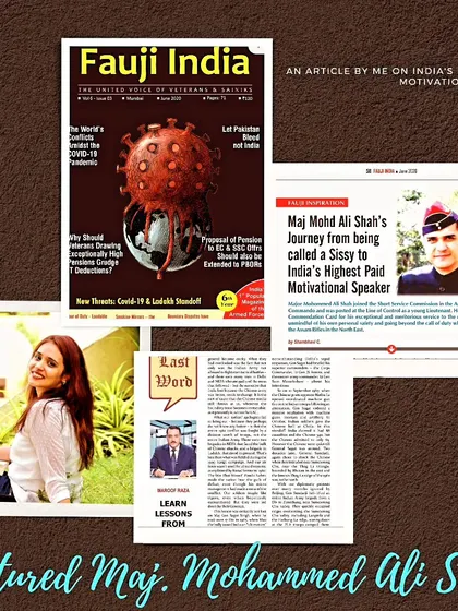 A collage of my published work in Fauji India magazine, where I featured the journey of Maj. Mohammed Ali Shah. Writing for a defense magazine was a unique and deeply rewarding experience.
